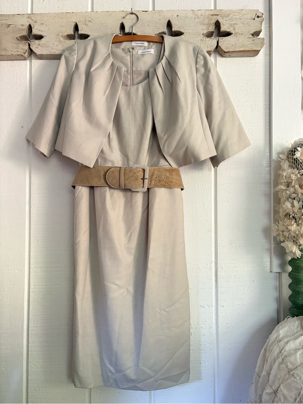 Calvin Klein Light Beige Pencil Skirt with Suede Waist Belt
